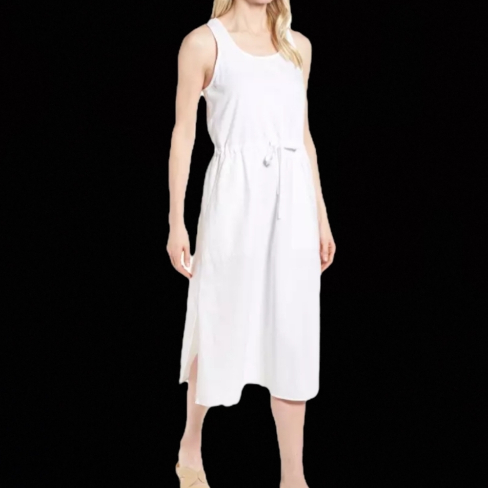Eileen Fisher Drawstring Organic Cotton Midi Dress Hamptons Beach Vacation